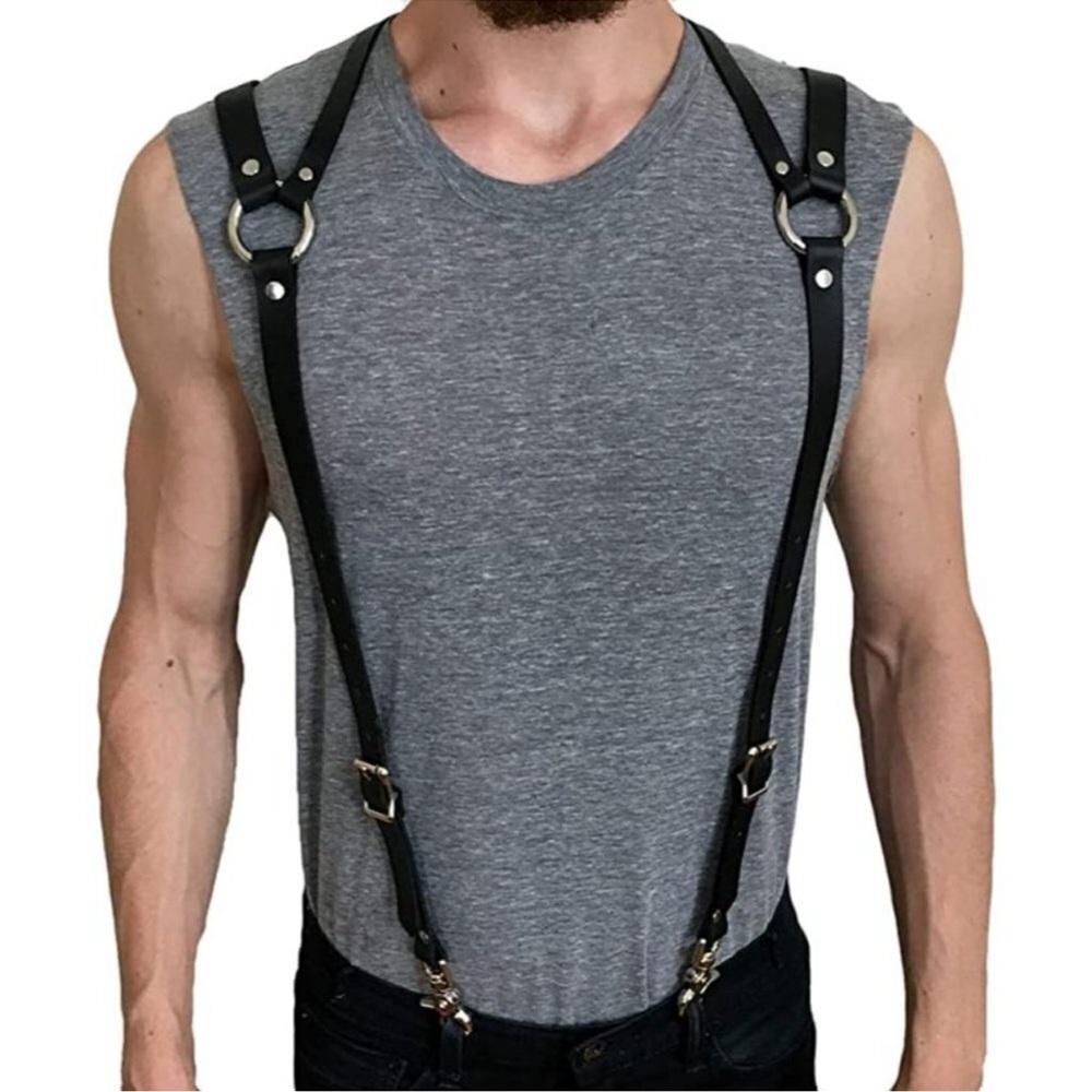 Black Leather Top Shoulder Suspenders Harness Belt BDSM Slave Fetish Bondage NWT